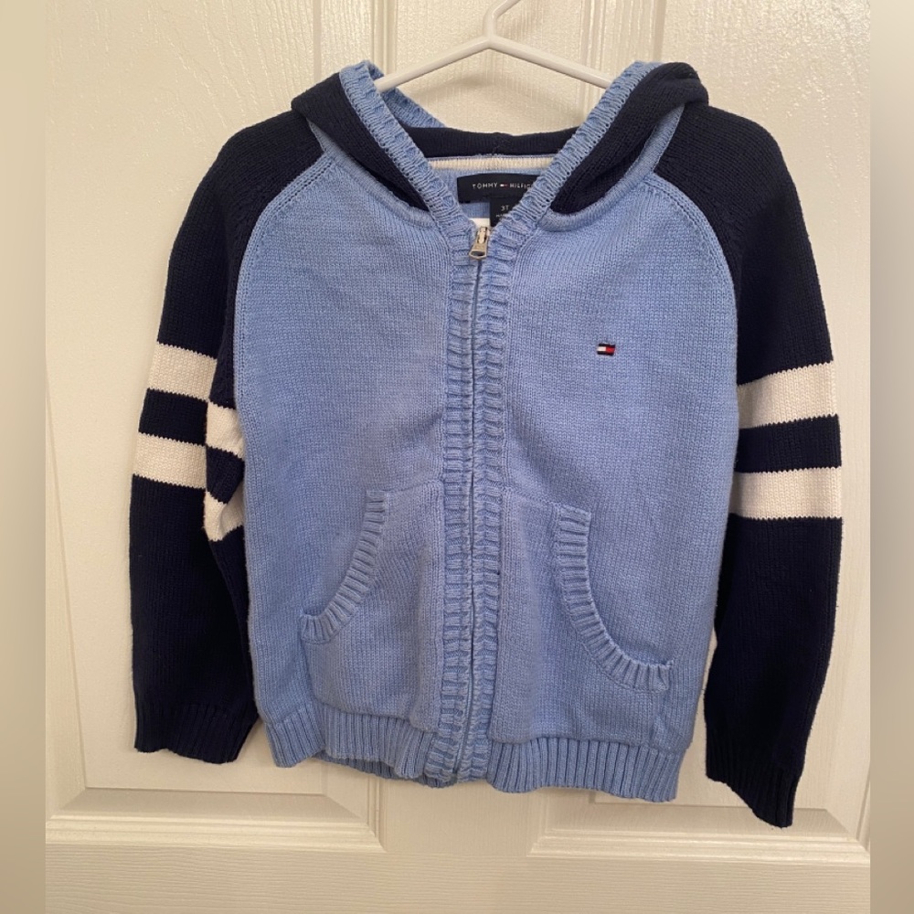 Tommy Hilfiger Preppy Collegiate Blue Knit Zip Up Hooded Sweater 3T